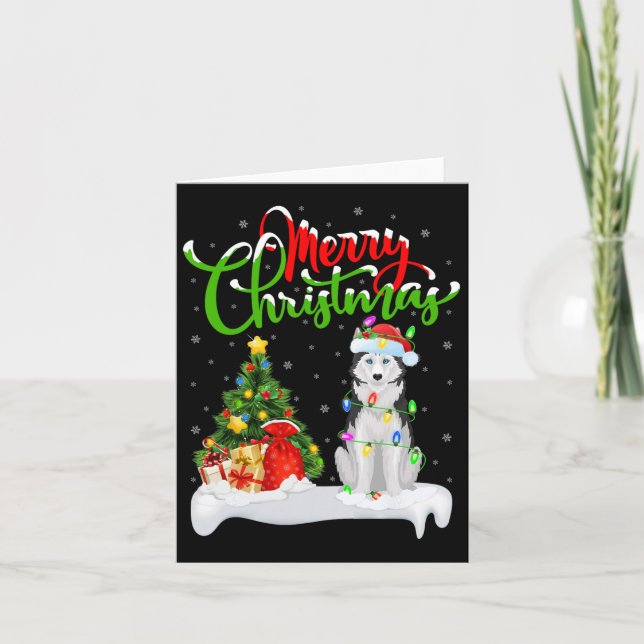 Xmas Tree Lights Santa Hat Siberian Husky Dog Chri Card (Front)