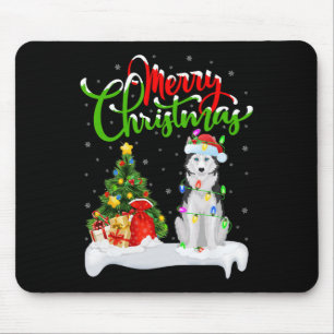 Xmas Tree Lights Santa Hat Siberian Husky Dog Chri Mouse Pad