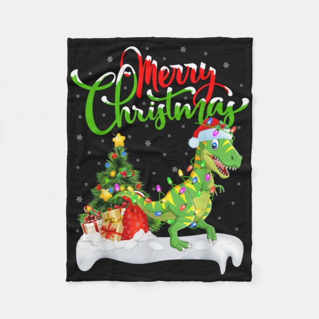 Xmas Tree Lights Santa Hat T Rex Dinosaur Christma Fleece Blanket (Front)