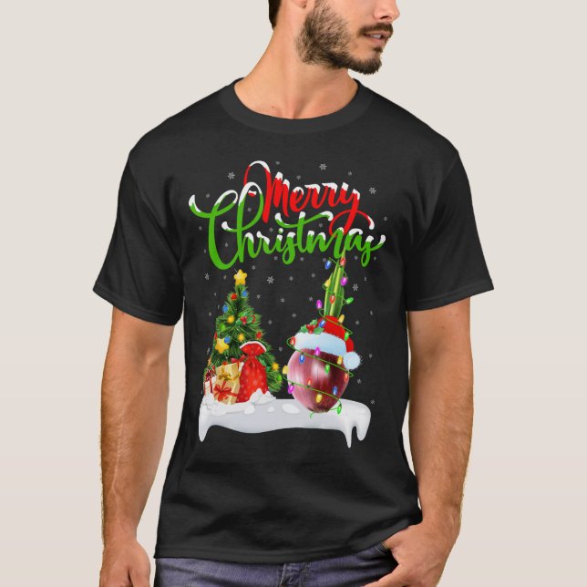 Xmas Tree Lights Santa Hat Vegetable Onion Christm T-Shirt (Front)