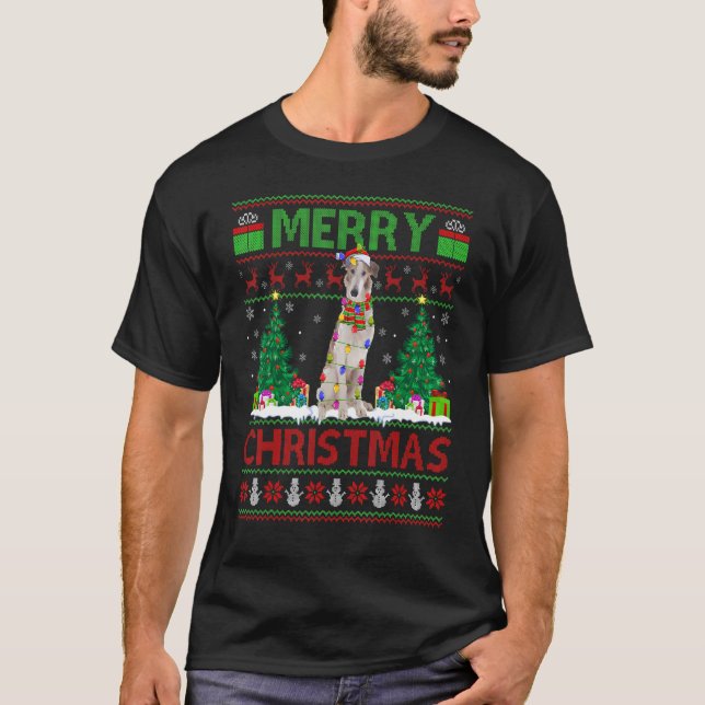 Xmas Tree Lights Ugly Santa Borzoi Dog Christmas T-Shirt (Front)