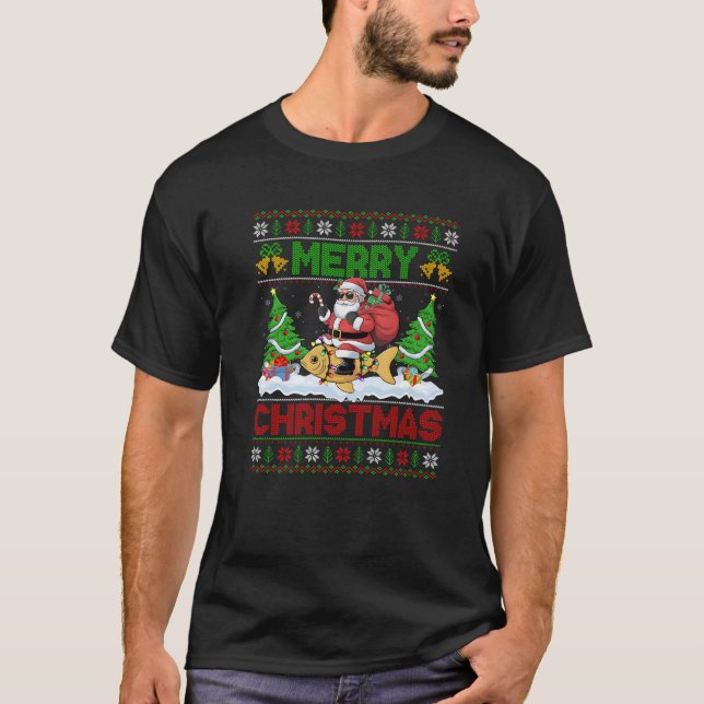 Xmas Tree Lights Ugly Santa Riding Cappie Fish Chr T-Shirt (Front)