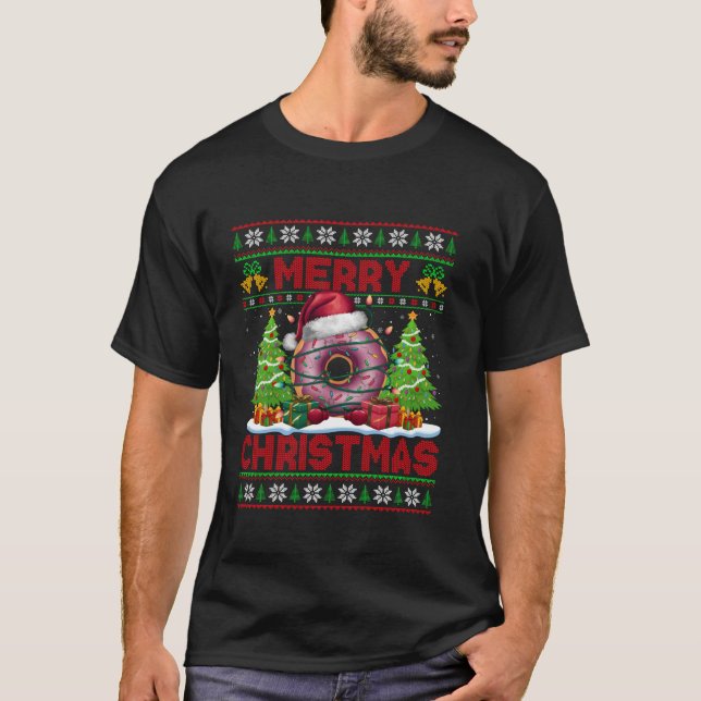 Xmas Tree Lights Ugly Style Santa Hat Doughnut Chr T-Shirt (Front)