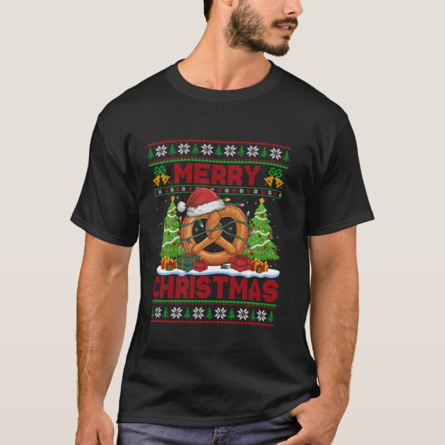 Xmas Tree Lights Ugly Style Santa Hat Pretzel Chri T-Shirt (Front)