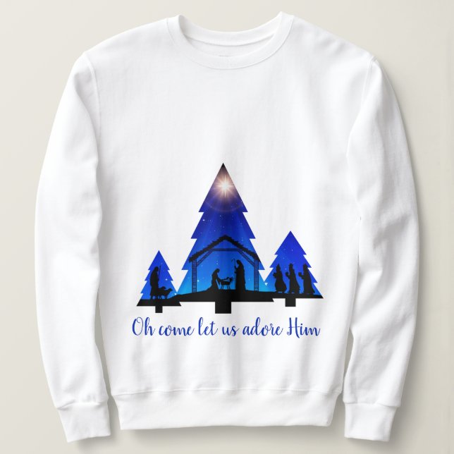 Xmas Tree Nativity: Oh come let us adore Him Sweatshirt (Design Front)
