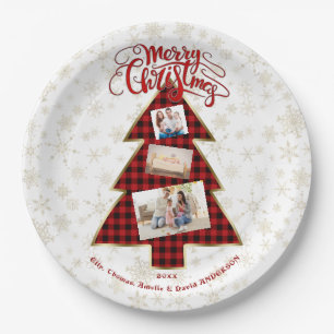 Xmas Tree Red Buffalo Gold Merry Christmas Photo Paper Plate