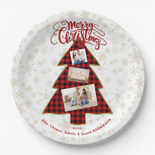 Xmas Tree Red Buffalo Gold Merry Christmas Photo Paper Plate (Front)