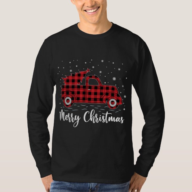 Xmas Tree Red Buffalo Plaid Red Truck Merry Christ T-Shirt (Front)