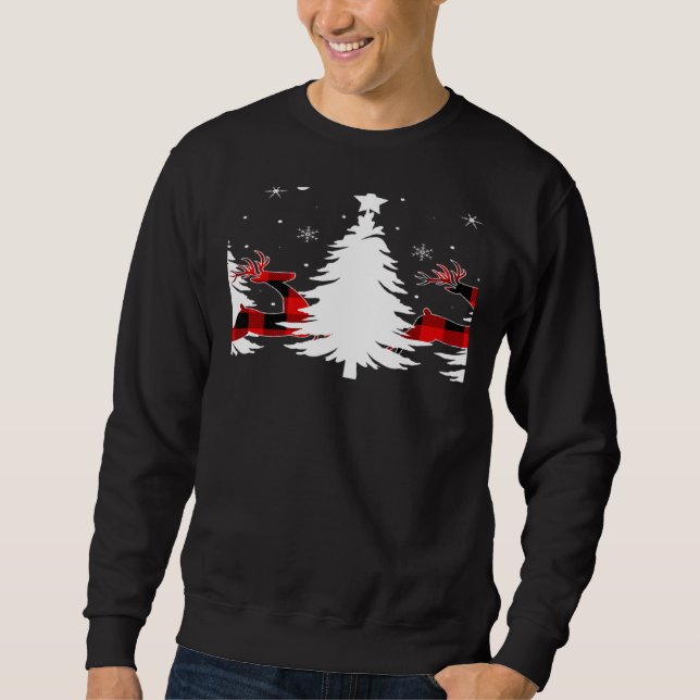 Xmas Tree Red Buffalo Plaid Reindeer Merry Christm Sweatshirt (Front)