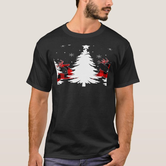 Xmas Tree Red Buffalo Plaid Reindeer Merry Christm T-Shirt (Front)