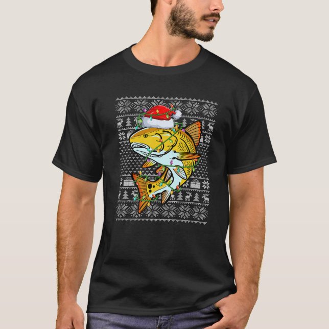 Xmas Tree Redfish Lover Santa Hat Ugly Redfish Chr T-Shirt (Front)
