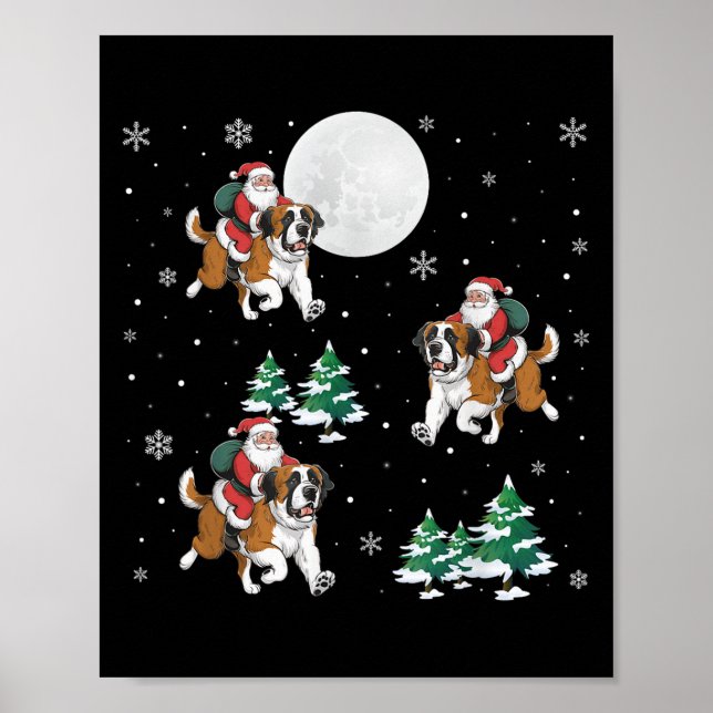 Xmas Tree Santa Riding Saint Bernard Dog Funny Chr Poster (Front)