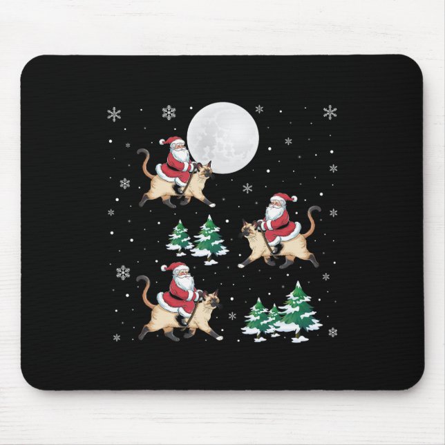 Xmas Tree Santa Riding Siamese Cat Funny Christmas Mouse Pad (Front)