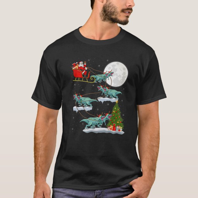 Xmas Tree Santa Riding Tyrannosaurus Dinosaur Chri T-Shirt (Front)