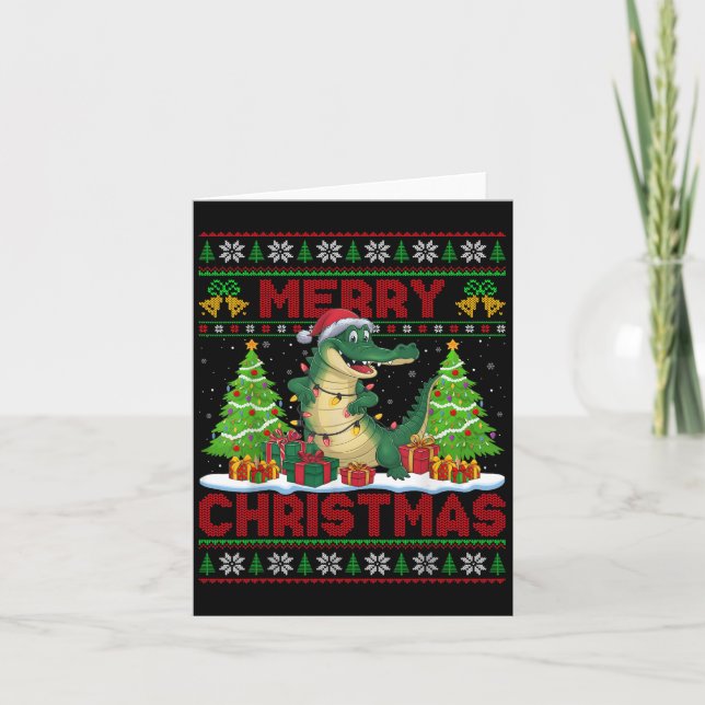 Xmas Tree Ugly Style Santa Hat Alligator Christmas Card (Front)