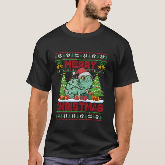 Xmas Tree Ugly Style Santa Hat Chameleon Christmas T-Shirt (Front)