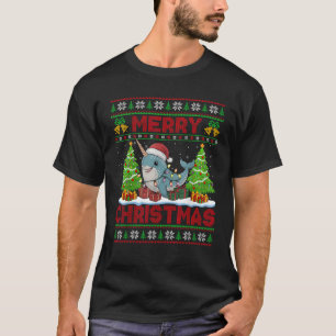 Xmas Tree Ugly Style Santa Hat Narwhal Christmas T-Shirt