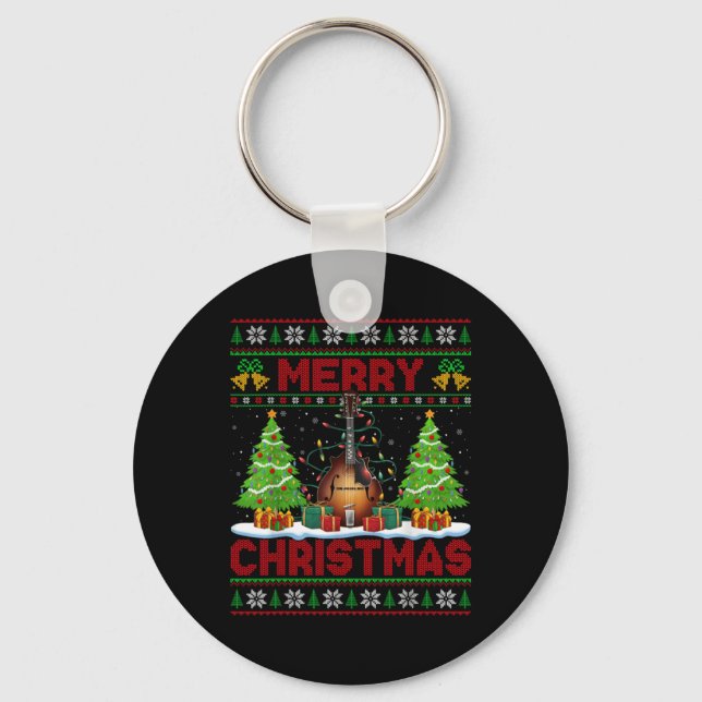 Xmas Tree Ugly Style Santa Musical Mandolin Christ Key Ring (Front)