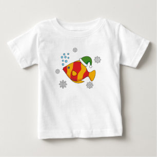Xmas Tropical Fish Cartoon on Blue Buffalo Pattern Baby T-Shirt