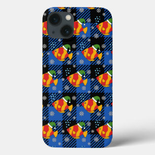 Xmas Tropical Fish Cartoon on Blue Buffalo Pattern iPhone 13 Case