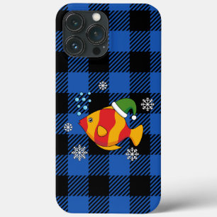Xmas Tropical Fish Cartoon on Blue Buffalo Pattern iPhone 13 Pro Max Case