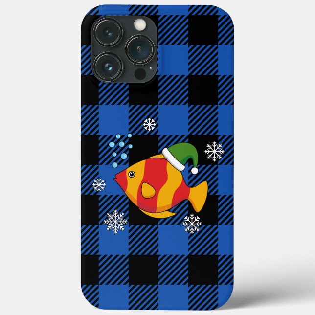 Xmas Tropical Fish Cartoon on Blue Buffalo Pattern Case-Mate iPhone Case (Back)