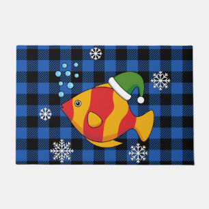 Xmas Tropical Fish Cartoon on Blue Buffalo Pattern Doormat