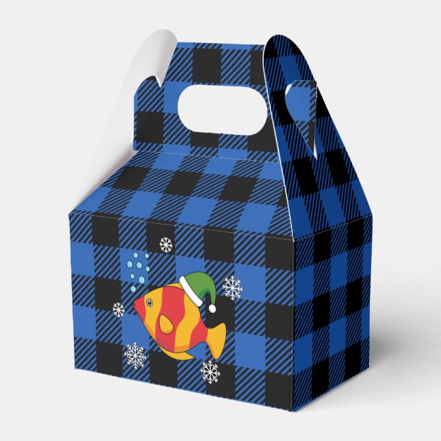 Xmas Tropical Fish Cartoon on Blue Buffalo Pattern Favour Box (Front Side)