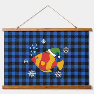 Xmas Tropical Fish Cartoon on Blue Buffalo Pattern Hanging Tapestry