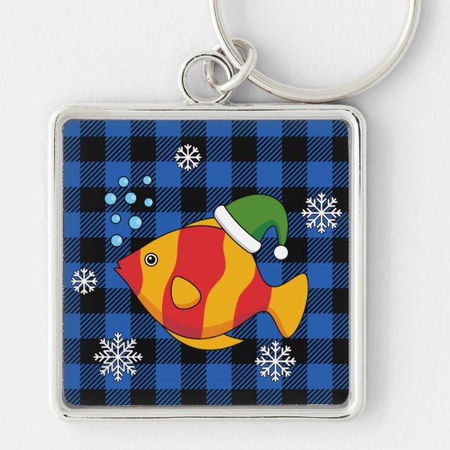 Xmas Tropical Fish Cartoon on Blue Buffalo Pattern Key Ring (Front)