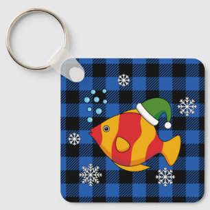 Xmas Tropical Fish Cartoon on Blue Buffalo Pattern Key Ring