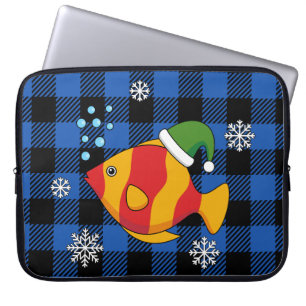 Xmas Tropical Fish Cartoon on Blue Buffalo Pattern Laptop Sleeve