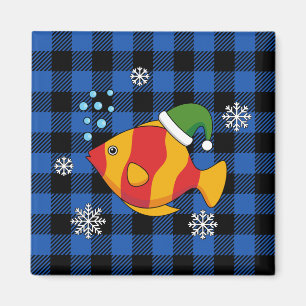 Xmas Tropical Fish Cartoon on Blue Buffalo Pattern Magnet