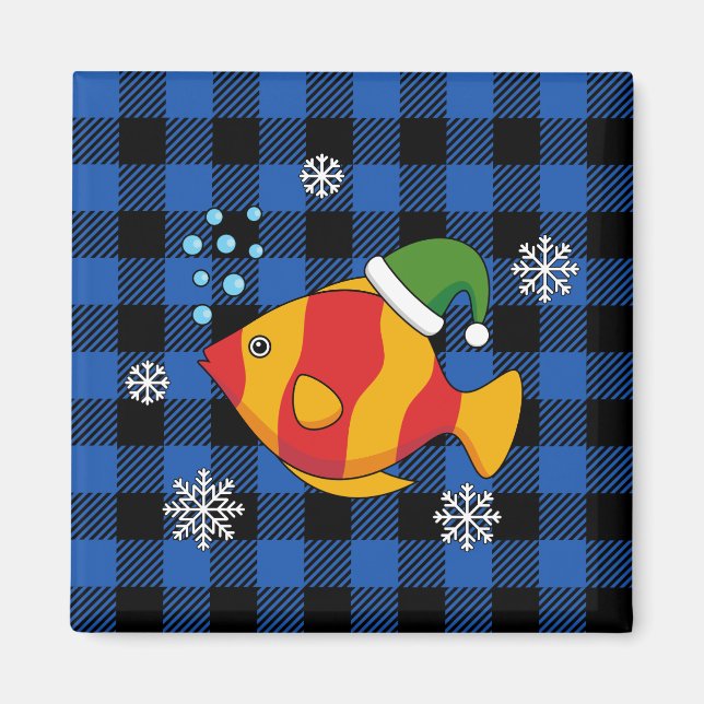 Xmas Tropical Fish Cartoon on Blue Buffalo Pattern Magnet (Front)
