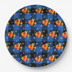 Xmas Tropical Fish Cartoon on Blue Buffalo Pattern Paper Plate