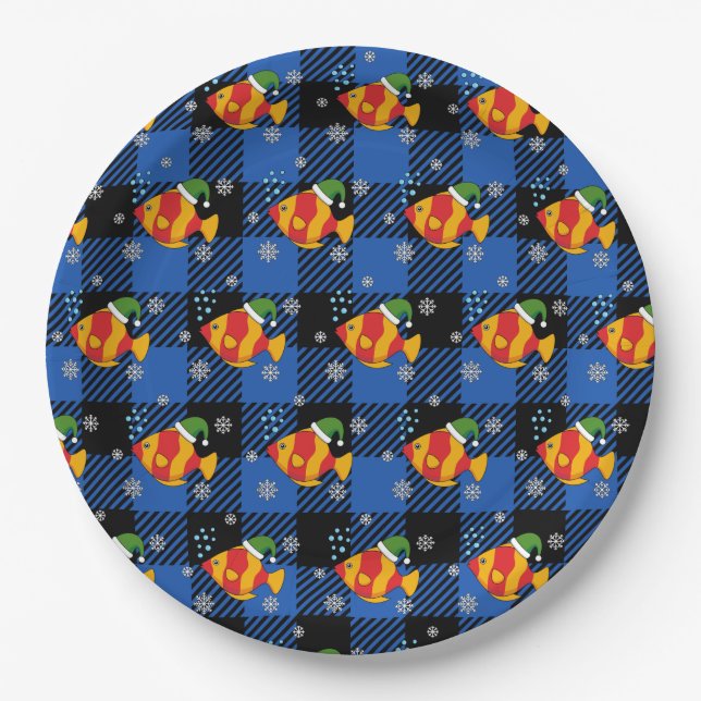 Xmas Tropical Fish Cartoon on Blue Buffalo Pattern Paper Plate (Front)
