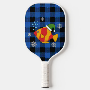 Xmas Tropical Fish Cartoon on Blue Buffalo Pattern Pickleball Paddle
