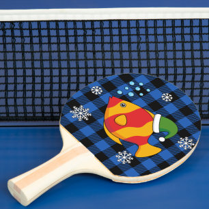 Xmas Tropical Fish Cartoon on Blue Buffalo Pattern Ping Pong Paddle