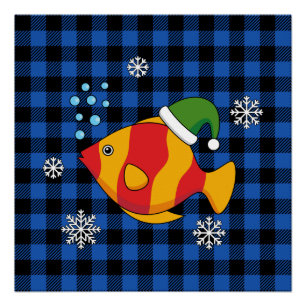 Xmas Tropical Fish Cartoon on Blue Buffalo Pattern Poster