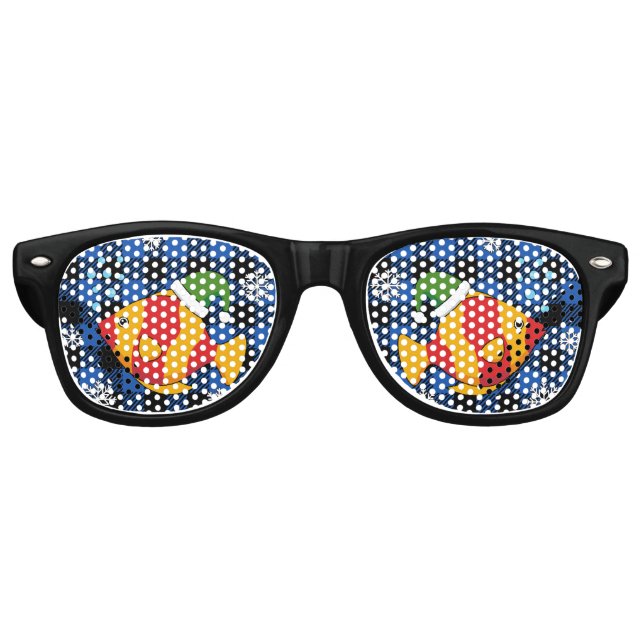 Xmas Tropical Fish Cartoon on Blue Buffalo Pattern Retro Sunglasses (Front)