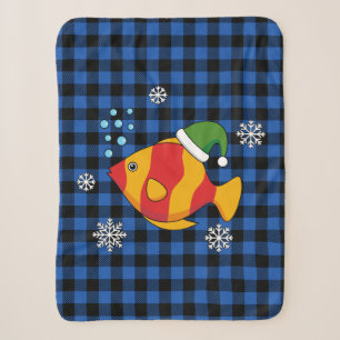 Xmas Tropical Fish Cartoon on Blue Buffalo Pattern Sherpa Blanket