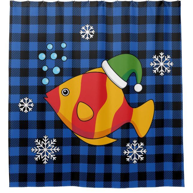 Xmas Tropical Fish Cartoon on Blue Buffalo Pattern Shower Curtain (Front)