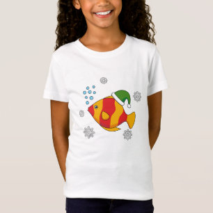 Xmas Tropical Fish Cartoon on Blue Buffalo Pattern T-Shirt