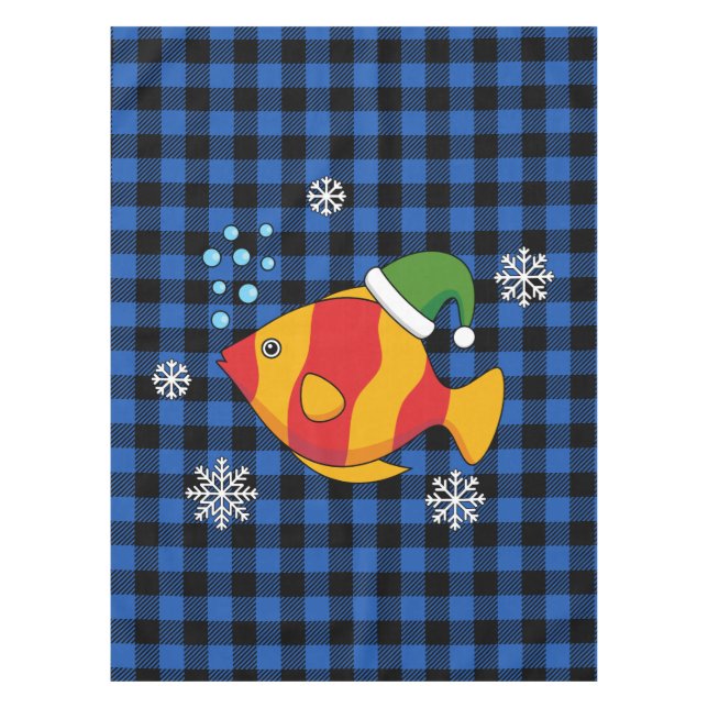 Xmas Tropical Fish Cartoon on Blue Buffalo Pattern Tablecloth (Front)