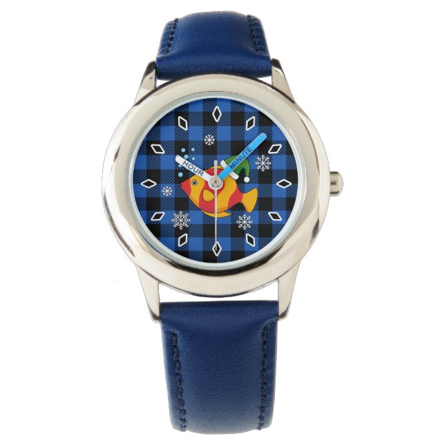 Xmas Tropical Fish Cartoon on Blue Buffalo Pattern Watch (Front)