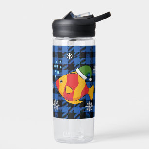 Xmas Tropical Fish Cartoon on Blue Buffalo Pattern Water Bottle