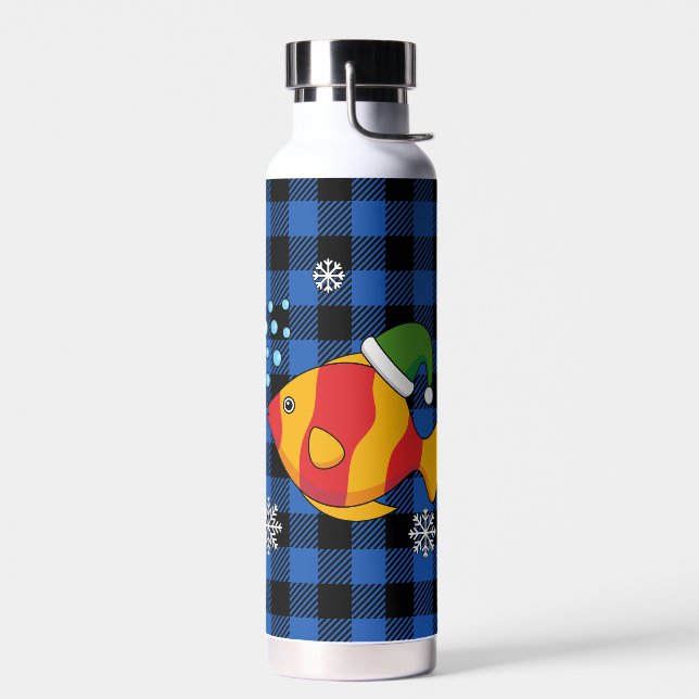 Xmas Tropical Fish Cartoon on Blue Buffalo Pattern Water Bottle (Left)