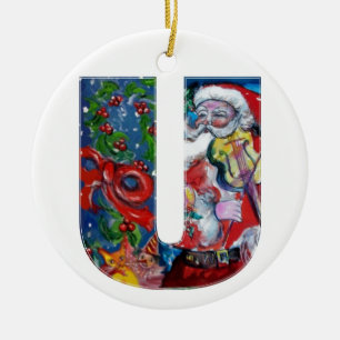 XMAS U LETTER /SANTA  CLAUS WITH VIOLIN MONOGRAM CERAMIC TREE DECORATION