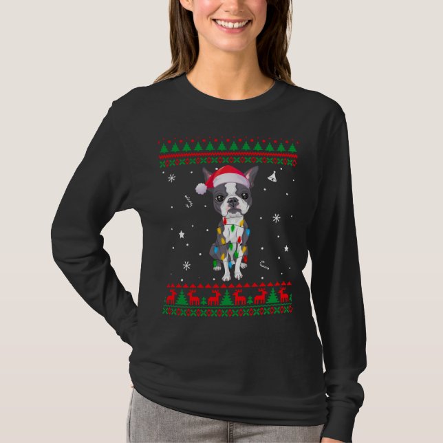 Xmas Ugly Sweater Christmas Lights Boston Terrier  (Front)