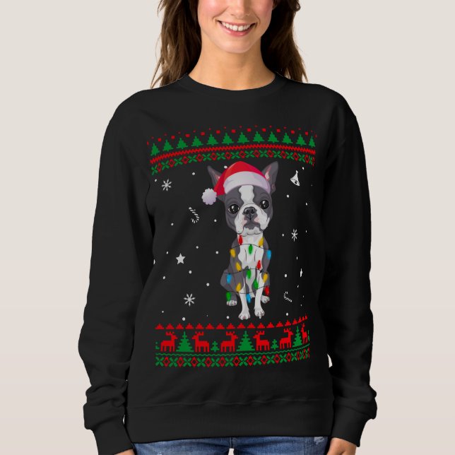 Xmas Ugly Sweater Christmas Lights Boston Terrier  (Front)